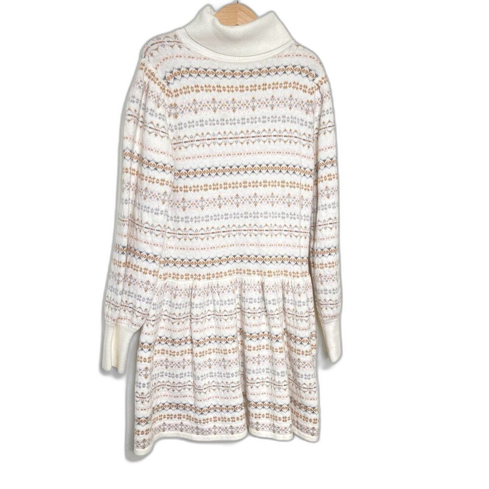 Janie & Jack Girls Size 10 Fair Isle Knit Sweater Cotton Dress White Puff Sleeve